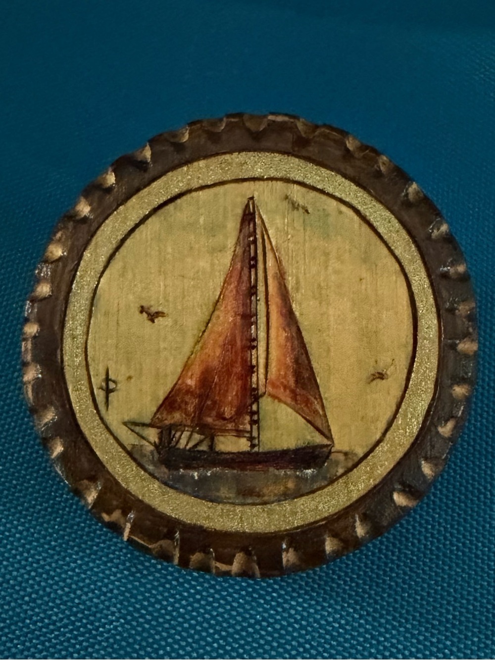 Vintage Sailboat Wood Medallion Pin - Brown & Gold Sail